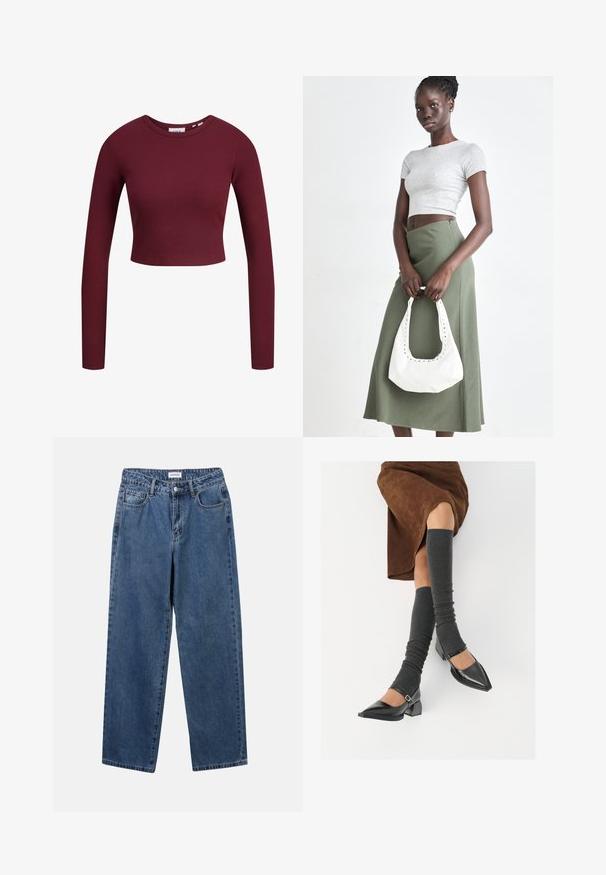 Bordo spalvos trumpas megztukas, ilgomis rankovėmis, tekstūra su briaunomis, apvalus kaklas, minkšta medžiaga, prigludęs dizainas. Etiketės rodoma kaklo srityje.; Klasikiniai mėlynos džinsinio audinio džinsai su tiesiomis kojomis, penkiomis kišenėmis ir mygtukų uždarymu. Pasižymi vidutiniu skalbimu ir tvirtu audiniu.; Juodi lakuoti odiniai batai su aštriu kuma ir bloko kulnu, derinami su pilkais riebiais kojų šildytuvais ir rudais zomšiniais sijonais.; Pilka juostuota trumpa palaidinė ir alyvuogių žalios spalvos aukšto liemens sijonas. Modelis laiko baltą petį krepšį su išpjovomis. Paprastas dizainas, prigludusi siluetas.