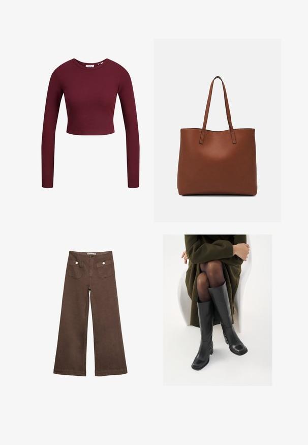 Burgundska kratka majica, dolgi rokavi, rebrasta tekstura, okrogla ovratnica, mehak material, prilegajoča zasnova. Oznake so prikazane na vratu.; Svetlo rjave široke hlače iz bombaža, ki vključujejo dva sprednja žepa s srebrnimi gumbi in gladko teksturo.; Črne usnjene čevlje do kolen s kvadratnim prstom in blok peto, prikazani na modelu, ki sedi v olivno zeleni plašču. Gladka tekstura, minimalne podrobnosti.; Rjava usnjena torba z gladko teksturo, odprto zasnovo zgoraj in dvema naramnima trakovoma. Opremljena je z minimalnim šivanjem in brez vidnih kovinskih delov.