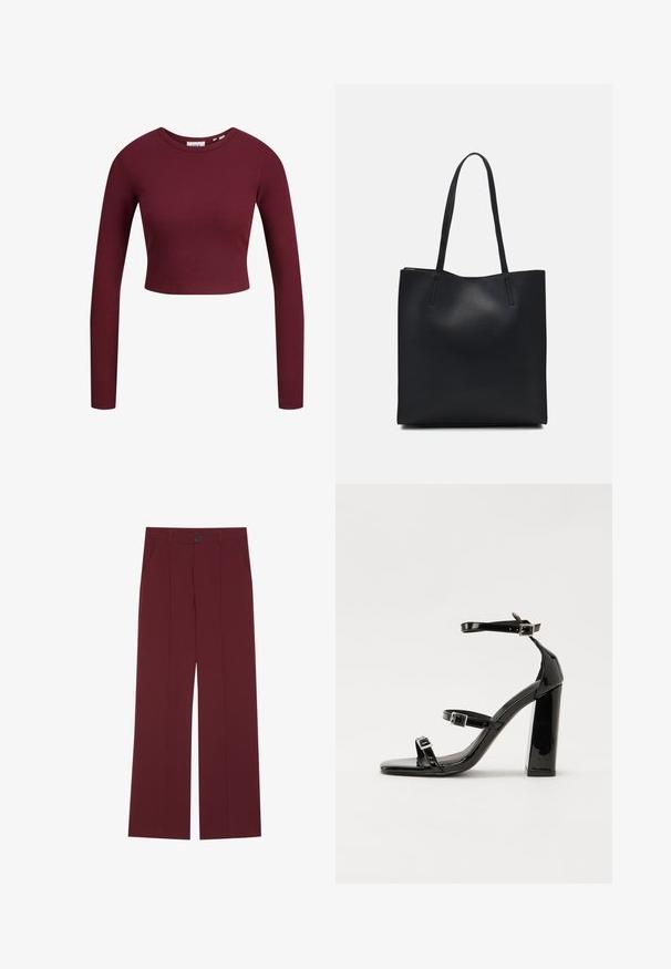 Burgunderfarget crop top, lange ermer, ribbestruktur, rund halslinning, mykt materiale, tettsittende design. Merker vist ved halsen.; Burgunderfargede bukser med vid ben-design, med en knaplukking, to sidelommer og frontdetaljer med brett. Glatt stofftekstur.; Svart høyglans sandaler med hæl, firkantet tå, ankelremmer og sølvspenner. Har en kraftig blokkhæl for stabilitet.; Svart lær tote bag med glatt tekstur, rektangulær form og to lange håndtak. Ingen synlige deler eller dekorasjoner.