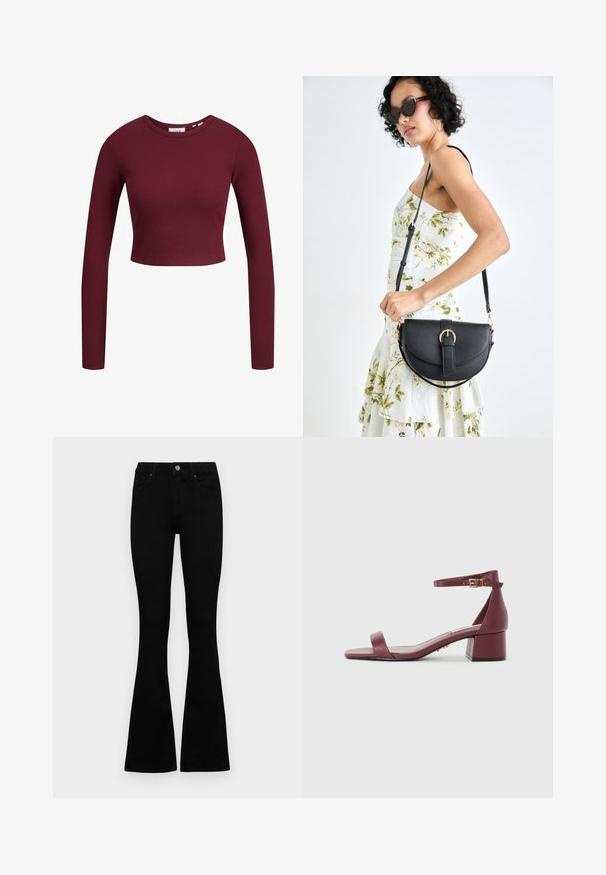 Burgundin värinen crop-top, pitkät hihat, ribatoitu pinta, pyöreä pääntie, pehmeä materiaali, tiukka muotoilu. Etiketit näkyvät kaula-aukossa.; Mustat korkeavyötäröiset farkut nappi- ja vetskariyläosalla, etutaskuilla ja levenevillä lahkeilla, asetettuna tasaisesti valkoista taustaa vasten.; Burgundin nahkakengät neliönmuotoisella varvaskannalla, ohuella nilkkahihnalla, kultaisilla yksityiskohdilla ja paksulla lohipohjalla. Sileä pinta ja minimalistinen muotoilu.; Musta nahkainen käsilaukku, joka on kaareva muotoilultaan, irrotettavalla hihnalla ja kultaisilla yksityiskohdilla. Laukussa on läppä, jossa on solk yksityiskohta.