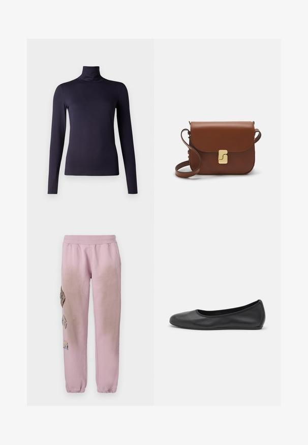 Navy long-sleeve turtleneck top made from smooth, stretchy material. Fitted design with a high neck and no visible patterns or accents.; Pink sweatpants with an elastic waistband, featuring decorative patches in diamond shapes on the left side and elastic cuffs at the ankles.; Black leather ballet flat with a rounded toe, smooth texture, minimal stitching detail, and a flexible sole design.; Brown leather handbag with a flap closure, gold-tone hardware, a shoulder strap, and a smooth texture. Compact rectangular shape.