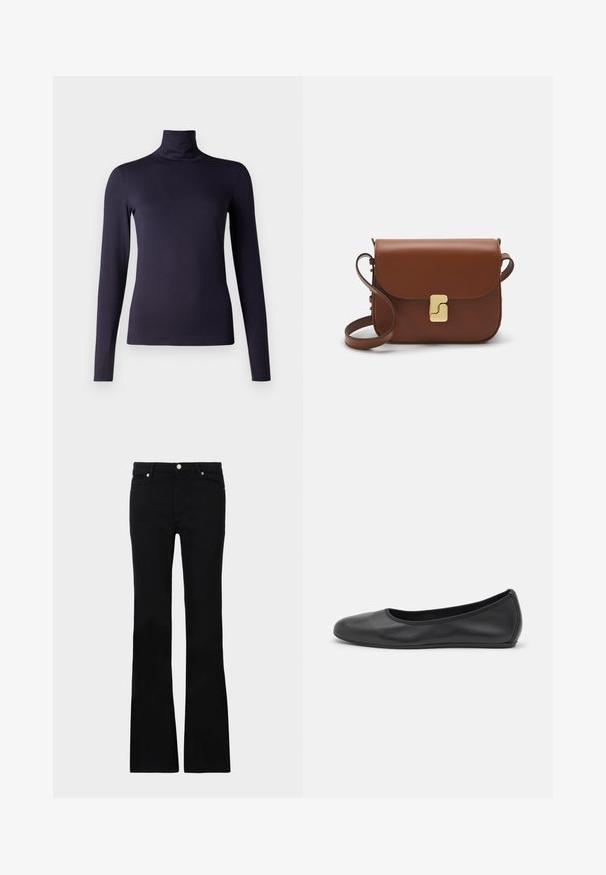 Sötétkék, hosszú ujjú garbó felső, sima, rugalmas anyagból készült. Kihangsúlyozott fazon, magas nyakkal, látható minták vagy díszítések nélkül.; Fekete, bővülő szárú farmernadrág, két elülső zsebből áll, gombos záródással és sima textúrával rendelkezik. A varrásoknál látható a jellegzetes öltés.; Fekete bőr balettcipő lekerekített orral, sima tekstúrával, minimális varrással és rugalmas talp kialakítással.; Barna bőr kézitáska, hajtókás zárással, arany színű fém kiegészítőkkel, vállpánttal és sima felülettel. Kompakt téglalap alakú.