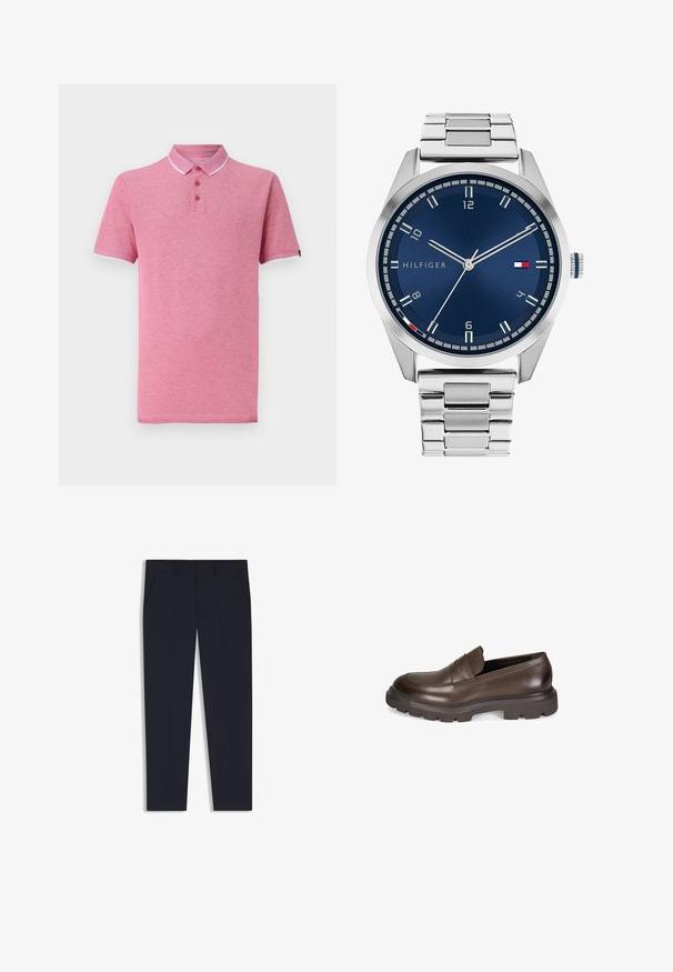 Roze polo shirt met korte mouwen, ribgebreide kraag, drieknoopsluiting en contrasterende witte afwerking bij de kraag en mouwen.; Marineblauwe broek met een getailleerde pasvorm, voorzien van twee voorkruiden, een vlakke voorkant en een gladde textuur. Geen zichtbare patronen of versieringen.; Desa Instappers - brown; Zilveren metalen horloge met een geborstelde blauwe wijzerplaat, witte uurmarkeringen en een datumweergave. Voorzien van een geschakelde metalen band en het logo van het merk.