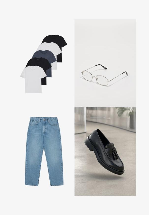 Set med fem t-shirts i svart, vitt och marinblått. Bomullslyster, korta ärmar, rund halsdesign och slät struktur utan mönster.; Ljusblåa jeans i denim med rak modell, fem fickor och lätt urblekt textur. Har knapp- och blixtlåsstängning.; Svarta loafers i läder med slät yta, dekorativ tofs, tjock sula i gummi och sydda detaljer. Lätt och elegant design.; Metallglasögon med oval ram, silverfästen och klara linser. Smala, raka skalmar med svarta ändar, minimalistisk design.