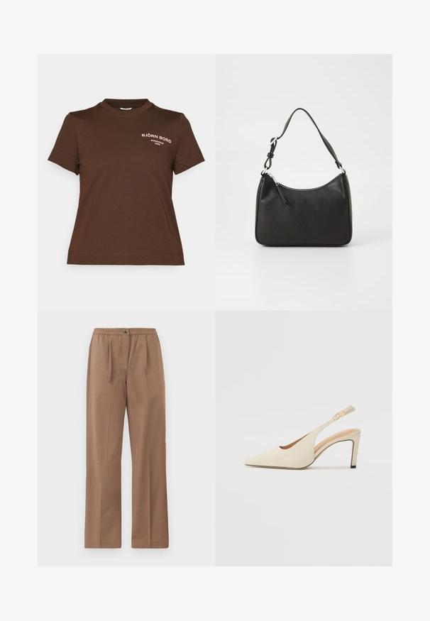 Rjava majica s kratkimi rokavi iz bombaža, z ovratnikom tipa crew in belim logotipom na levi strani prsnega dela. Preprost, pristen dizajn.; Rjavi široki hlače z elastičnim pasom in gumbom za zapiranje. Gladka tekstura z subtilnim sijajem in brez vidnih vzorcev.; Bež usnjeni petni čevlji s koničastim nosom, odprtim stranskim dizajnom in ozkim visokim peto. Imajo zlat poudarek na traku.; Črna usnjena torba za roke s ukrivljenim oblikom, enim trakom, zadrgo in diskretnim blagovnim znamkom na sprednjem delu. Gladka tekstura, minimalističen dizajn.