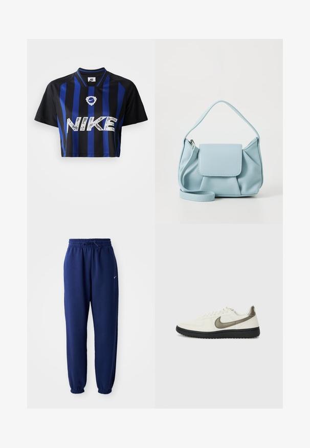 Kuttet Nike-drakt i svart med vertikale blå striper. Har en fremtredende hvit Nike-logo og rund hals. Glatt stofftekstur.; Mørkeblå joggebukser laget av mykt stoff, med elastisk linning med snøring, elastiske mansjetter og en liten hvit logo.; Nike Sportswear FIELD GENERAL - Joggesko - off-white/black; Lys blå lærveske med topphåndtak, frontlomme med klaff og avtagbar håndleddsstropp på hvit bakgrunn.