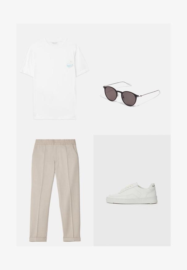 Witte katoenen t-shirt met korte mouwen, voorzien van een kleine meerkleurige grafische print op de linker borst met golven en de tekst "Out of Plastic."; Filippa K TERRY CROPPED TROUSERS - Broek - sage melange; Witte leren sneaker met een gladde afwerking, ronde neus, platte veters en een gestructureerde zool. Kenmerkt zich door een subtiel logo op de hiel.; Zwarte ronde zonnebril met donkere lenzen en slanke metalen armen. Inclusief heldere tempelpunten en zilveren accenten bij de scharnier. Minimalistisch ontwerp.