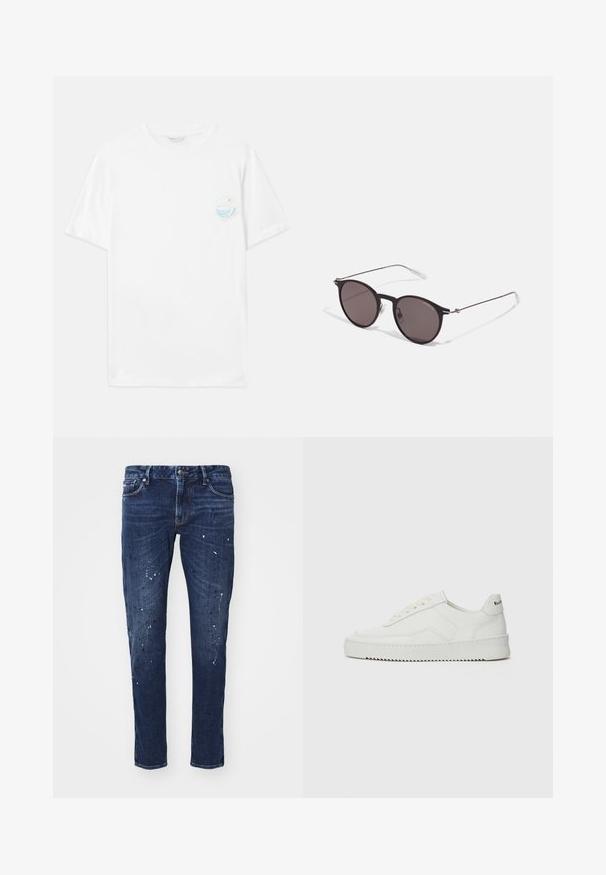 Witte katoenen t-shirt met korte mouwen, voorzien van een kleine meerkleurige grafische print op de linker borst met golven en de tekst "Out of Plastic."; Donkerblauw denim jeans met een slim fit, voorzien van verfspetters, zichtbare stiksels en een standaard vijf-pocket ontwerp. Recht gesneden pijpen.; Witte leren sneaker met een gladde afwerking, ronde neus, platte veters en een gestructureerde zool. Kenmerkt zich door een subtiel logo op de hiel.; Zwarte ronde zonnebril met donkere lenzen en slanke metalen armen. Inclusief heldere tempelpunten en zilveren accenten bij de scharnier. Minimalistisch ontwerp.