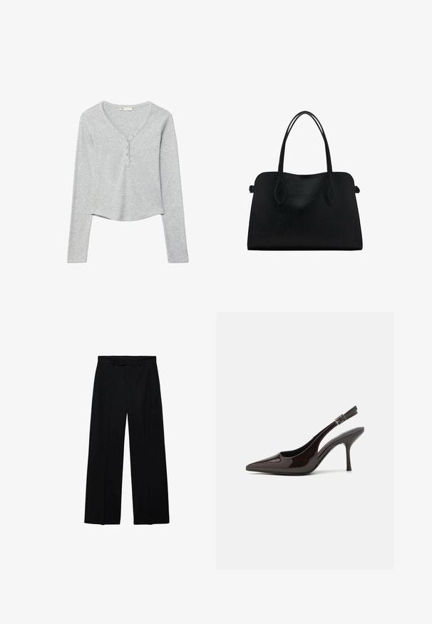 Siv majica z dolgimi rokavi in V-izrezom, z gumbno zapenjanjem in rahlo skrajšanim robom. Narejena iz mehke in elastične tkanine.; Črne široke hlače s visokim pasom z zankami za pas in stranskimi žepi, z zapiranjem spredaj na zadrgo in gumb.; Slingback visoke pete v sijajni temno rjavi lak koži, koničastim nosom, odprtimi stranmi in nastavljivim gležnjenčkim trakom.; Črna usnjena torbica z dvema naramnima trakoma, pravokotne oblike in minimalističnim dizajnom na beli podlagi.