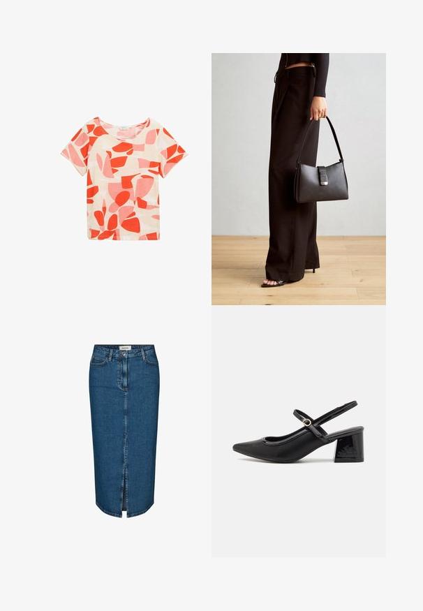 Short-sleeve shirt with a scoop neckline, made of lightweight fabric. Features a white background with red and pink abstract shapes and patterns.; Denim pencil skirt in dark blue, featuring a front slit, five pockets, and contrasting stitching. Mid-rise waist with a classic design.; Black patent leather slingback heels with a pointed toe, a rounded cutout design, and a block heel. Features a gold-tone buckle accent.; Black handbag with structured shape, smooth texture, and a metallic clasp. Paired with wide black pants and open-toe sandals on wooden floor.
