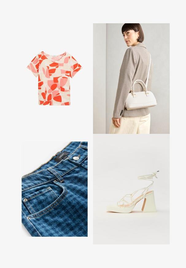 Tričko s krátkym rukávom a výstrihom do tvaru lode, vyrobené z ľahkého materiálu. Má biely podklad s červenými a ružovými abstraktnými tvarmi a vzormi.; Modré riflové nohavice s viditeľným šitím a zapínaním na gombík. Obsahujú prednú kapsu, textúrovanú tkaninu a štítok na páse.; Biele sandále na vysokom opätku s hrubým podpätkom, s pruhovaným dizajnom a viazaním na členku. Hladký povrch s platformou vpredu pre zvýšenú výšku.; Biela štruktúrovaná kabelka s krátkymi rúčkami a ramenným popruhom, s zlatými kovovými prvkami a textúrovaným materiálom, vystavená na šedom pozadí.