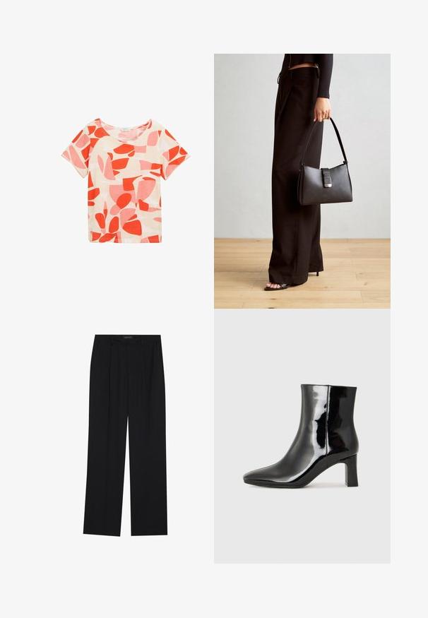 Kortærmet skjorte med rund halsudskæring, lavet af letvægtsstof. Har en hvid baggrund med røde og pink abstrakte former og mønstre.; Sorte bukser med en lige ben-design, der har to forlommer og en talje. Lavet af et glat, let stof.; Sort lakeret ankelstøvle med spids tå og en midt-højde blokhæl. Glat tekstur og minimalistisk design.; Sort håndtaske med struktureret form, glat overflade og metalspænde. Sammen med brede sorte bukser og sandaler med åben tå på trægulv.