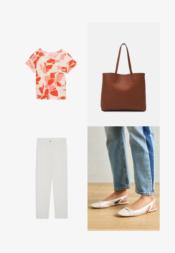 Trumpas rankovės marškinėliai su apvaliu kaklu, pagaminti iš lengvos medžiagos. Baltas fonas su raudonais ir rožiniais abstrakčiais formomis ir raštais.; Baltos, pritaikytos kelnės su tiesaus kirpimo dizainu, su sagčių uždarymu, dirželių kilpomis ir šoninėmis kišenėmis; lygus audinio tekstūros.; Šviesiai rožiniai slingback baleto bateliai su smailiu pirštu, pagaminti iš lygios odai panašios medžiagos. Yra išpjovimų detalės šonuose ir plokščias kulnas.; Ruda odinė priekabų krepšys su glotnia tekstūra, atviru viršumi ir dviem petnešomis. Su minimalia siuvimo detalėmis ir nematoma aparatūra.