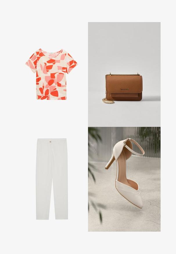 Koszula z krótkim rękawem o okrągłym dekolcie, wykonana z lekkiego materiału. Posiada biały tło z czerwonymi i różowymi abstrakcyjnymi kształtami oraz wzorami.; Białe, dopasowane spodnie z prostymi nogawkami, posiadające zapięcie na guzik, szlufki na pasek oraz kieszenie boczne; gładka tekstura materiału.; Białe buty na wysokim obcasie z gładkiego materiału, z wypłaszczonym noskiem i paskiem na kostkę. Wnętrze w jasnym odcieniu brązu, z akcentami w kolorze złotym.; Brązowa skórzana torba na ramię z teksturą, z złotym łańcuszkiem i zapięciem na klapkę. Z przodu znajduje się detal z logo oraz kieszeń pod klapką.