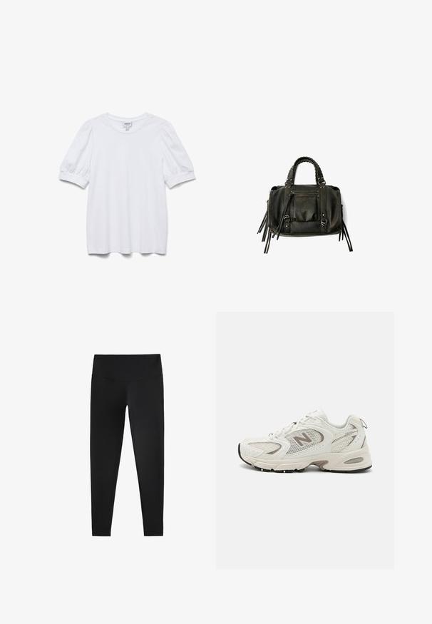 White short-sleeve top with a rounded neckline and puffed sleeves. Made of smooth fabric, featuring a tag labeled "AWARE."; Black leggings made from stretchy fabric, featuring a high waistband and a smooth texture, designed for comfort and flexibility.; White mesh running shoe with gray accents, rounded toe, lace-up design, cushioned sole, and a prominent "N" logo on the side.; Black leather handbag with braided handles, zipper pocket, and hanging tassels. Textured surface with metal studs and hardware accents.