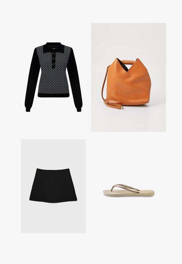 Czarny sweter z długimi rękawami, z wzorzystą górną częścią w kolorze białym, czarną listwą z trzema okrągłymi złotymi guzikami.; Czarna mini spódnica o gładkiej fakturze, w kształcie litery A, z zaokrąglonym dołem. Posiada zamek błyskawiczny z tyłu do zapinania, bez dodatkowych wzorów ani akcentów.; Jasno beżowe klapki z teksturowaną wkładką, płaską podeszwą i cienkimi, błyszczącymi paskami. Posiadają subtelne oznakowanie na pasku.; Skórzana torebka w kolorze brązowym z unikalnym trójkątnym zagięciem, z górnym uchwytem i odpinanym paskiem na ramię na białym tle.