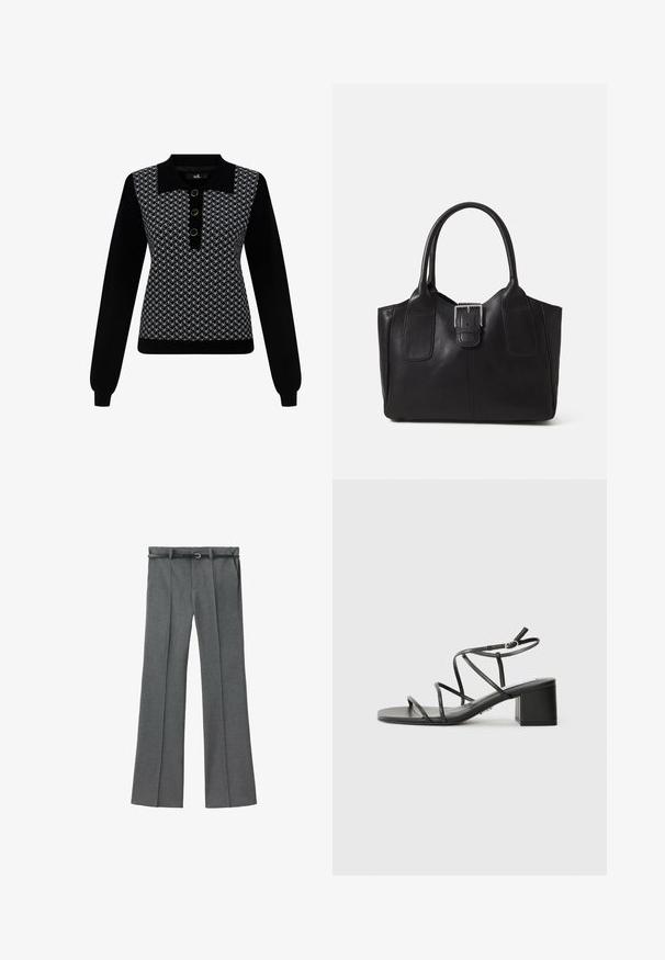 Musta neuletakki, jossa on pitkät hihat. Yläosa on kuviollinen valkoisena, ja siinä on musta nappilista, jossa on kolme pyöreää kultanappia.; Harmaat räätälöidyt housut suoralla lahkeella, kevyestä kankaasta, vyölenkeillä ja kapealla vyöllä, jossa on hopeinen solki.; Mustat korsettikengät, joissa on neliön muotoinen varvas ja paksu korko, valmistettu sileästä materiaalista. Varustettu säädettävillä nilkkahihnoilla ja minimilla varusteilla.; Musta nahkainen olkalaukku, jossa on sileä pinta, ryhdikäs muoto, kaksi kahvaa ja silmienpistävä hopeinen solkiyksityiskohta edessä.