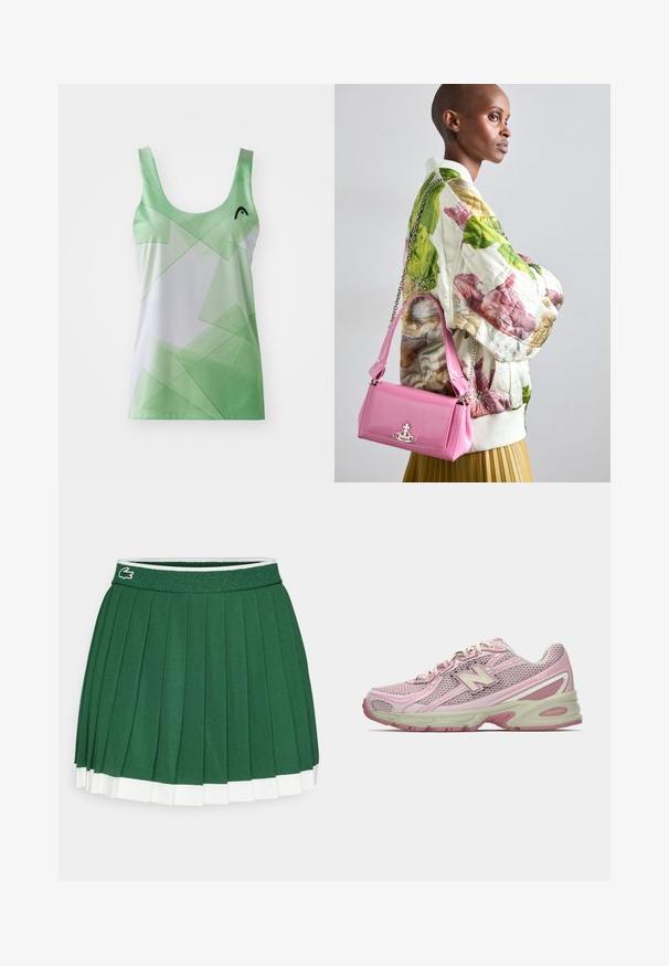 Vihreä ja valkoinen tankkitoppi, jossa on geometrisia kuvioita. Varustettu avonaisella kaula-aukolla ja olkaimilla. Valmistettu sileästä, kevyestä kankaasta.; Napapaidat, jossa on kirkas abstrakti kuvio. Valmistettu sileästä kankaasta, tummalla kauluksella ja nappilistalla, joissa on pastellisävyjä.; Vihreä laskostettu hame, jossa on teksturoitu vyötärö. Hemmasta löytyy valkoisia yksityiskohtia ja vyötäröllä pieni tuotemerkin logo.; Vaaleanpunaiset ja beigeet New Balance 740 -lenkkarit, joissa on verkkokangas ja synteettinen päällinen, nauhakiinnitys ja pehmustettu pohja, esitettynä sivuprofiilissa.; Vaatteena on tikkikuvioitu kukkakuosiset bomber-takki vihreänä, vaaleanpunaisena ja beigeinä; yhdistettynä kiiltävään vaaleanpunaiseen käsilaukkuun, jossa on ketjuhihna ja logokoriste.