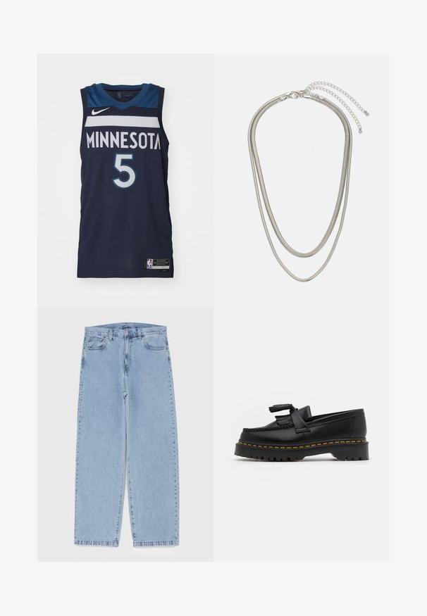 Nike Performance MINNESOTA TIMBERWOLVES ANTHONY EDWARDS - Echipament cluburi fotbal - college navy; Jeans din denim de culoare albastru deschis, cu un design cu picioare drepte, având talie medie, cinci buzunare și un sistem de închidere cu nasture și fermoar.; Mocasini din piele neagră cu un accent ciufulit, având o talpă groasă neagră și cusături galbene pe margine. Finisaj texturat.; Colier din metal argintiu în trei straturi, cu lanțuri elegante și flexibile, cu un ușor luciu, asigurat cu un închizător de tip homar și un lanț ajustabil.