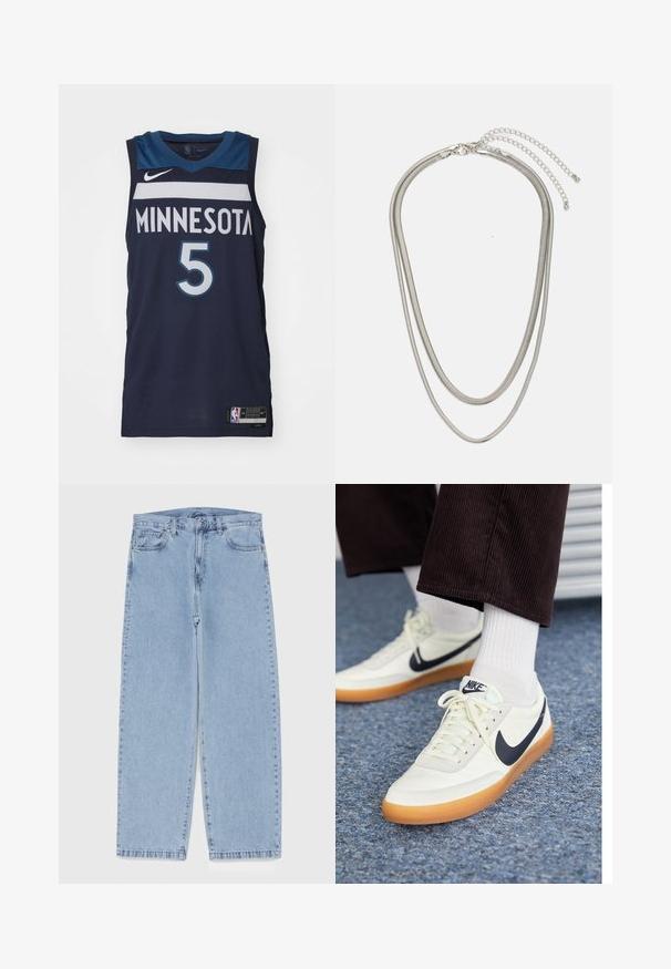 Nike Performance MINNESOTA TIMBERWOLVES ANTHONY EDWARDS - Equipación de clubes - college navy; Jean de mezclilla azul claro con diseño de pierna recta, con una cintura de altura media, cinco bolsillos y un cierre de botón y cremallera.; Zapatillas Nike de cuero blanco con un swoosh azul marino, con suela de goma y cordones blancos, combinadas con calcetines blancos y pantalones de pana oscuros.; Collar de metal plateado de tres capas que presenta cadenas flexibles y elegantes con un ligero brillo, asegurado con un cierre de langosta y cadena ajustable.