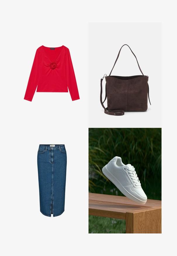 Czerwona bluzka z długim rękawem, z dekoltem w serek i centralnym detalem w kształcie róży. Wykonana z gładkiego materiału o dopasowanej sylwetce. Metka marki widoczna przy dekolcie.; Jeansowa spódnica ołówkowa w ciemnoniebieskim kolorze, z rozcięciem z przodu, pięcioma kieszeniami i kontrastowym przeszyciem. Średni stan z klasycznym krojem.; Biały sneaker z gładką syntetyczną cholewą, perforowanym noskiem, płaskimi sznurowadłami i teksturowaną podeszwą, wyeksponowany na drewnianej powierzchni.; Brązowa surowa torba na ramię o miękkiej fakturze, z pojedynczym paskiem na ramię i subtelnym, zakrzywionym otwarciem u góry. Brak widocznych detali metalowych.