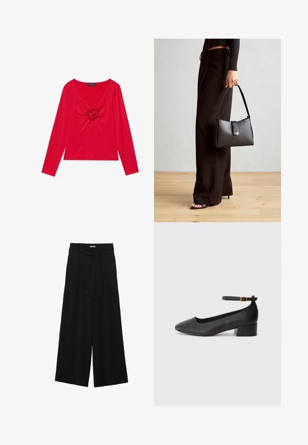 Rotes Langarmoberteil mit V-Ausschnitt und zentralem Rosendetail. Hergestellt aus glattem Stoff mit einer figurbetonten Silhouette. Markenetikett am Ausschnitt sichtbar.; Schwarze weite Hosen aus strukturiertem Stoff, mit elastischem Bund und einem abnehmbaren Bindegürtel in der Taille für eine verstellbare Passform.; Schwarze Lederpumps mit spitzem Zehenbereich und niedrigem Blockabsatz. Mit einem Knöchelriemen und einer goldfarbenen Schnalle. Glatte Textur.; Schwarze Handtasche mit strukturierter Form, glatter Textur und einem metallischen Verschluss. Kombiniert mit weiten schwarzen Hosen und offenen Sandalen auf einem Holzboden.