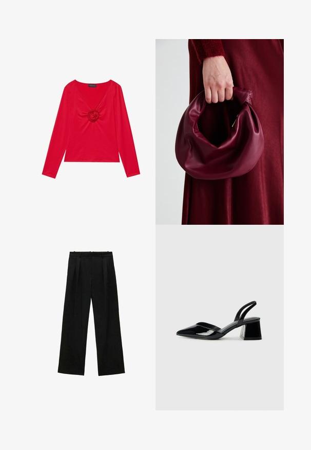 Bluză roșie cu mânecă lungă, decolteu în V și un detaliu central în formă de trandafir. Confecționată dintr-un țesătură netedă cu o siluetă ajustată. Eticheta mărcii vizibilă la decolteu.; Pantaloni negri cu picioare largi și pliseuri, având o textură netedă și un design cu talie înaltă. Stil minimalist, fără accesorii sau detalii vizibile.; Pantofi cu toc slingback din piele lacuită neagră, cu vârf ascuțit și toc geometric. Prezintă un design elegant, minimalist și o textură netedă.; Geantă de mână din piele burgundă, cu un design moale și pliat și o formă rotundă. Mânerele sunt securizate, evidențiind o textură netedă.