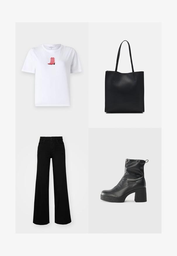 Bijela pamučna majica s vezom crvenih kaubojskih čizama na sredini. Kratki rukavi, okrugli izrez i lagana tekstura.; Crne široke traperice s čvrstim pojasom, petljama za remen i prednjim džepovima. Gladak teksturirani materijal s klasičnim dizajnom.; Crne gležnjače od glatke kože, s bočnim zatvaračem, debelim teksturiranim potplatom i dizajnom s zaobljenim prstima.; Crna kožna torba za nošenje s glatkom teksturom, pravokutnim oblikom i dvije duge ručke. Nema vidljivih metalnih dijelova ili ukrasa.