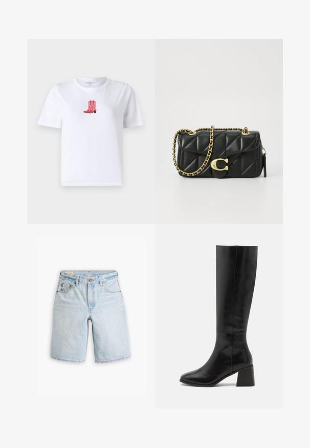 Biała bawełniana koszulka z haftem czerwonych kowbojskich butów na środku. Krótkie rękawy, okrągły dekolt i lekka tekstura.; Jasnoniebieskie szorty dżinsowe o prostym kroju, z pięcioma kieszeniami, paskami na pasek oraz zapięciem na guzik. Miękka tekstura z wyblakłymi miejscami.; ONLY SHOES ONLBIJOU czarny; Czarna pikowana skórzana torebka z złotym łańcuszkiem i zapięciem na toggle, z okrągłym akcentem. Kompaktowy prostokątny kształt.