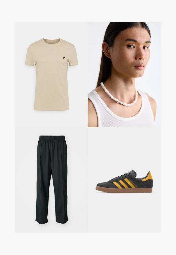 T-shirt bege de mangas curtas, feito de tecido suave, com decote redondo e um pequeno logótipo de um pássaro preto na área do peito esquerdo.; Calças atléticas pretas com um cós elástico, feitas de tecido suave, com costuras laterais discretas e um ajuste descontraído, design de perna reta.; Tenis em camurça preta com detalhes amarelos, apresentando três riscas e uma sola de borracha castanha. Inclui uma língua acolchoada para maior conforto.; Colar de conchas brancas composto por formas irregulares, usado sobre uma camisola justa branca. Textura suave com um brilho subtil, design justo.