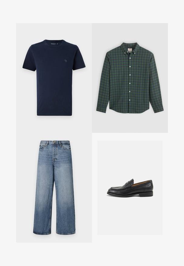 Námořnická modrá bavlněná tričko s krátkým rukávem, kulatým výstřihem, s malým vyšívaným logem jelena na levé části hrudi. Hladká textura.; Kostkovaná košile s dlouhým rukávem v zelené, modré a žluté barvě, s bílými knoflíky a zapínacím límcem.; Modré džínové kalhoty s širokým střihem, vybledlý wash, pět kapsových design a zapínání na knoflík. Vybavené poutky na opasek a prošívanými detaily.; Černé kožené mokasíny s hladkým povrchem, zaoblenou špičkou a dekorativním prošíváním na svršku. Nízký podpatka a mírný lesk.