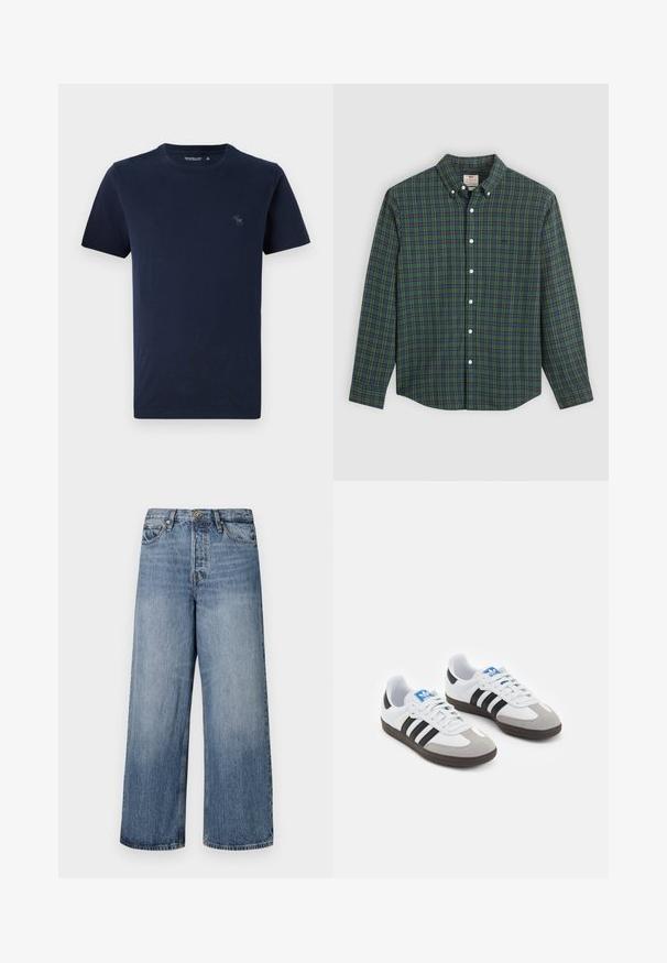 Tricou din bumbac de culoare albastru marin, cu mâneci scurte și guler rotund, având un mic logo brodat cu un cerb pe pieptul stâng. Textură netedă.; Cămașă cu mânecă lungă, cu nasturi, cu un model tartan verde, albastru și galben, nasturi albi și guler cu nasturi.; Jeans din denim blue, cu croială largă, cu un finisaj decolorat, design cu cinci buzunare și închidere cu buton. Echipate cu bucle pentru curea și detalii cusute.; Încălțăminte sport cu un superior din piele albă, vârf din suede gri și trei dungi negre. Prezintă un logo albastru pe limbă și o talpă din cauciuc texturat.