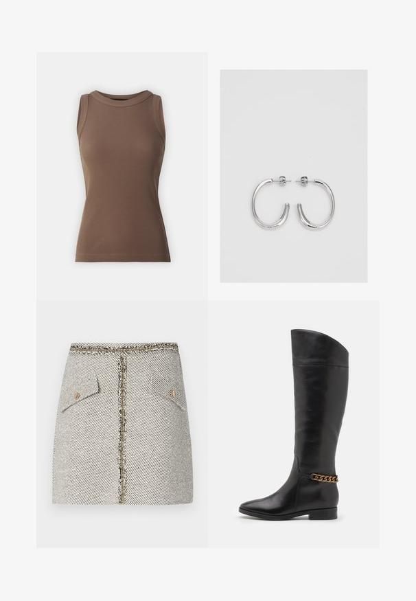 DRYKORN OLINA - Toppi - brown; Kudottu tweed-hame valkoisen ja mustan herringbone-kuvion kanssa, jossa on kaksi etutaskua ja kultasävyinen vetoketju takana, jossa on kuluneet reunat.; Pitkiä mustista nahkasaappaista, joissa on tyylikäs muotoilu, terävä kärki ja kultaketjuakseli nilkassa. Matala lohko korko. Sujuva pinta.; Hopeiset korvarenkaat, joissa on sileä ja kiiltävä pinta, kaareva muoto ja piikkikiinnitys. Minimalistinen muotoilu modernilla viimeistelyllä.