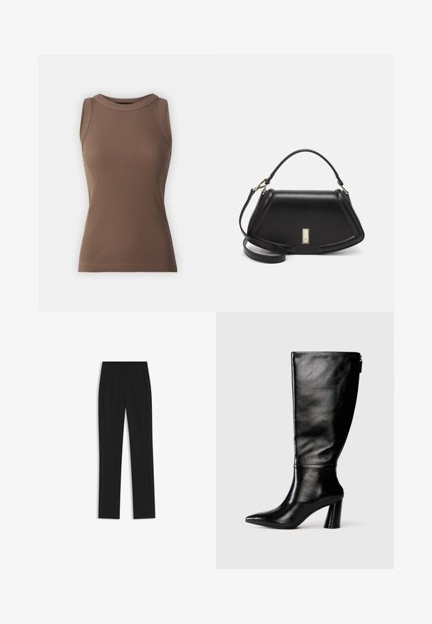 DRYKORN OLINA - Top - brown; Pantalones de traje negros con un diseño de pierna recta, que cuentan con bolsillos delanteros y una tela suave y texturizada. Detalles limpios y minimalistas.; Bota de cuero negro hasta la rodilla con punta afilada, textura suave y un tacón grueso. Presenta un detalle de cremallera en la parte de atrás.; Bolso de mano de cuero negro con un diseño estructurado, que presenta una forma recortada, asa superior y acentos en dorado. Correa de hombro ajustable incluida.