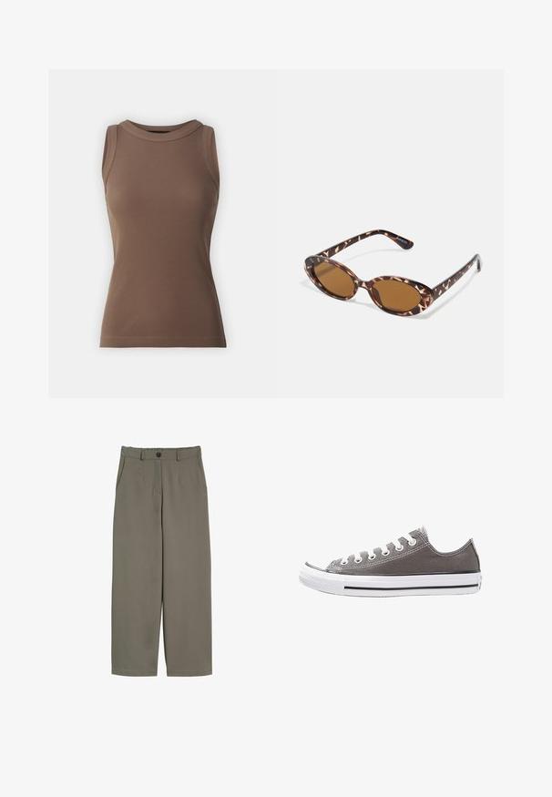 DRYKORN OLINA - Top - brown; Brede broek in olijfgroen stof, met een knoopsluiting, voorzakken en een gladde, iets gestructureerde oppervlakte.; Grijze canvas sneaker met witte rubberen zool, zwarte streep en metalen oogjes. Kenmerkt zich door een ronde neus, low-top ontwerp en textiele stof.; Schildpadvormige zonnebril met ovale lenzen, bruin getint, dunne armen met een gestructureerd patroon, lichtgewicht kunststof frame.