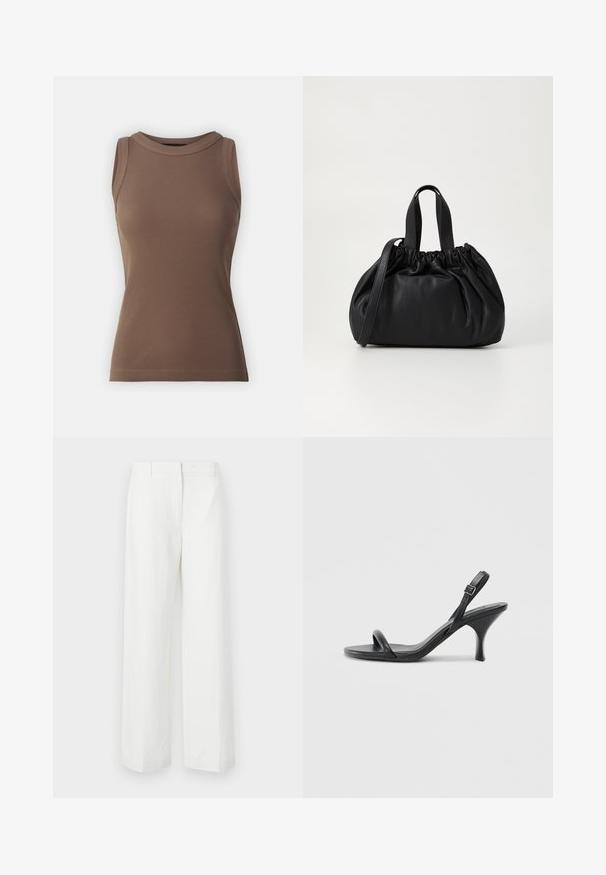DRYKORN OLINA - Top - brown; Calças brancas de perna larga com uma textura suave, apresentando uma frente lisa e vincos prensados. Feitas de um tecido leve, sem padrões visíveis.; Sandálias de salto alto em couro preto com um salto curvado e fino e um design de tiras cruzadas. Correia ajustável no tornozelo. Textura suave.; Bolsa de couro preta com um design de topo franzido, apresentando duas alças curtas e uma alça longa ajustável. Textura suave, formato arredondado.