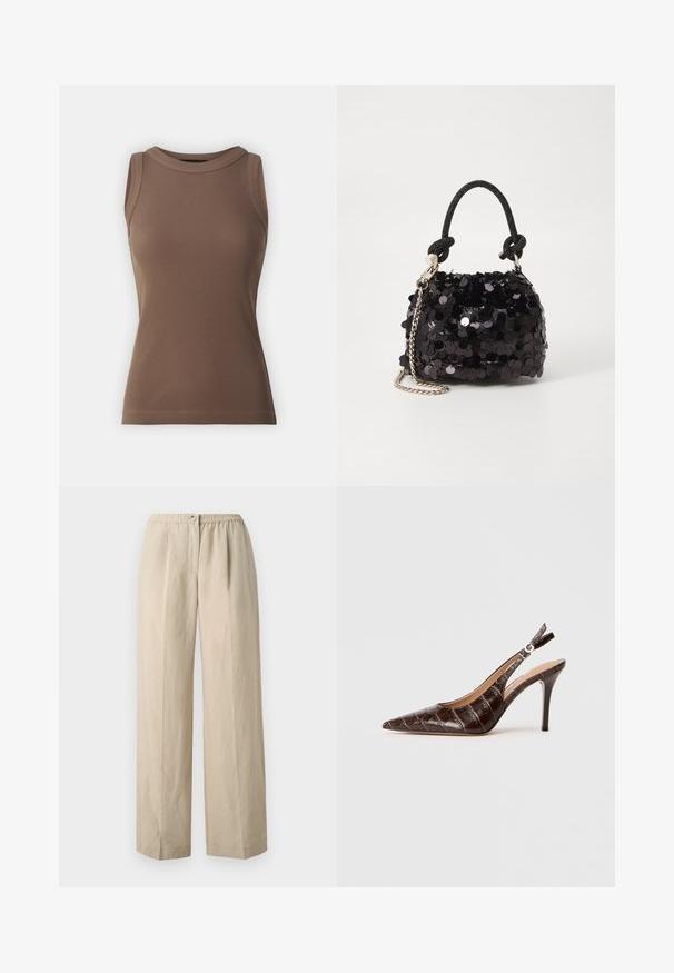 DRYKORN OLINA - Topper - brown; Beige, vide bukser laget av myk stoff med samlet elastisk midjebånd og frontknapplukking. Glatt tekstur med folder.; Brune, krokodilleskinn-embossed slingback pumpe med spiss tå, åpne sider og en tynn høy hæl. Designet med en spennejustering.; Svart paljettmini-veske med en knyttet teksturert stropp og sølvkjede. Rund form med samlet topp og reflekterende detaljer.