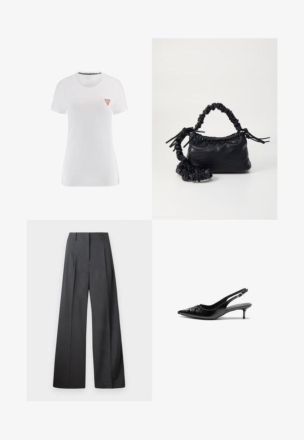 Camisa de algodão branca com mangas curtas e um clássico decote redondo, apresentando um logotipo triangular vermelho no lado esquerdo do peito.; Calças de perna larga em tecido cinza escuro, apresentando uma cintura alta, pregas simples e uma textura suave com um acabamento limpo nas bainhas.; Sapatos de salto alto slingback em couro preto com bico fino, pequeno salto kitten e um detalhe decorativo em forma de nó na parte da frente. Textura suave em toda a parte.; Bolsa de mão em couro sintético preto com textura de crocodilo, topo franzido e alça enrugada. Apresenta um design suave e compacto.