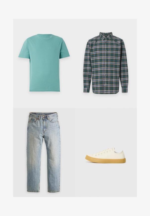 Light teal cotton t-shirt with a round crew neck and short sleeves. Smooth texture and simple design with no patterns or accents.; Green flannel shirt with a plaid pattern featuring blue, white, and mustard yellow lines. Buttoned front and pointed collar. Long sleeves.; Light blue denim jeans with high waist, front button, zipper, and five-pocket design, laid flat on a neutral background.; Canvas sneakers in off-white with a round toe, featuring beige rubber soles and five eyelets for laces, textured finish on the upper.