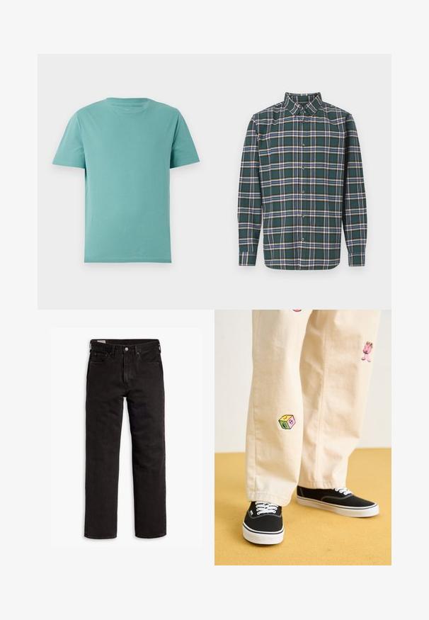 Svetlo teal bombažni majica s krojem okrogle vratu in kratkimi rokavi. Gladka tekstura in preprost dizajn brez vzorcev ali dodatkov.; Zeleni flanelast srajc s karirastim vzorcem, ki vsebuje modre, bele in gorčične rumene črte. Z gumbi zapnjen sprednji del in usmerjen ovratnik. Dolgi rokavi.; Črne kavbojke ravnega kroja z žepi, gumbnim zapiranjem in zankami za pas, ležijo položene na belem ozadju.; Bežna bombažna hlače z igrivimi vezeninami, ki vključujejo roza lik in barvni blok, v kombinaciji s črnimi čipkastimi športnimi copati.