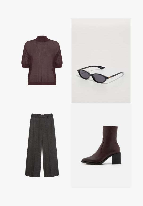 Short-sleeve, high-neck top in a deep burgundy knit fabric featuring a textured, open-weave pattern and ribbed hem and cuffs.; White button-up shirt with long sleeves, structured collar, and rounded hem. Made from a smooth, solid fabric with no visible patterns or accents.; Wide-leg trousers in dark gray fabric. Features a tailored waistband with belt loops, smooth texture, and minimal stitching accents.; Zign LEATHER - Classic ankle boots - bordeaux; Black sunglasses with oval lenses, dark gradient tint, and slim arms featuring subtle gold accents. Smooth plastic finish.; Tommy Hilfiger LIBRE FLAP CROSSOVER - Cross body bag - deep rouge; Burgundy leather wallet with a fold-over design, gold logo accent, and smooth texture. Compact and rectangular in shape.