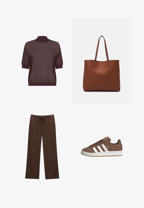 Kortærmet, højhalset top i dyb bordeaux strikket stof med et tekstureret, åbent vævemønster og ribbet kant og manchetter.; Brune brede bukser lavet af blød stof, med elastisk talje og snøre samt to sidelommer.; Brune ruskinds sneakers med hvide læderstriber, gummisål, rund tå og snørebåndsfront. Har et logo på tungen og perforerede detaljer.; Brun læder tote taske med en glat overflade, åben topdesign og to skulderremme. Har minimal syning og ingen synlig hardware.