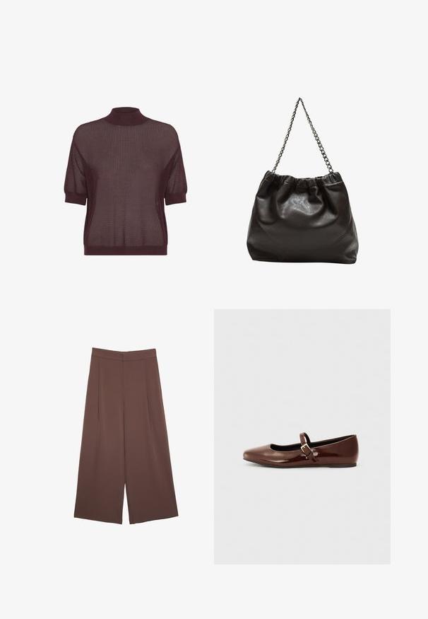 Top a maniche corte e collo alto in un profondo tessuto a maglia bordeaux, caratterizzato da un motivo testurizzato a trama aperta e orlo e polsini a coste.; Pantaloni ampi marroni con una texture liscia, caratterizzati da una vita alta e pieghe frontali. Il tessuto è leggero e scorre liberamente.; Ballerine in pelle verniciata marrone con punta quadrata e cinturino dotato di una piccola fibbia dorata. Texture liscia, tacco basso e design minimalista.; Borsa in pelle marrone con parte superiore arricciata e tracolla a catena. Texture liscia con finitura lucida e dettagli di cucitura sottili sui lati.