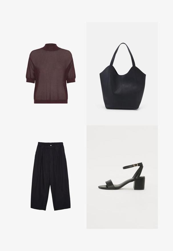 Korte mouwen, hoge hals top in een diep bordeauxrode gebreide stof met een gestructureerd, open geweven patroon en ribbelrand langs de onderkant en mouwen.; Zwarte polyester culottes met een elastische tailleband, twee voorkreukels en een losse pasvorm. Geen zichtbare patronen of hardware-details.; Zwarte hoge sandaal met een soepel leren bovenkant, een open teen, brede voorkruisbanden en een verstelbare enkelband met een gouden gespdetail.; Zwarte tote tas van glad leer, met een gebogen, open bovenkant en twee schouderbanden, en een minimalistisch ontwerp.