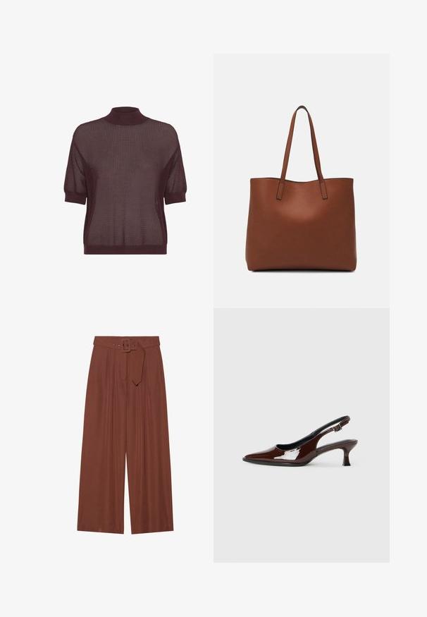 T-maica s kratkimi rokavi in visokim ovratnikom iz globoko burgundskega pletenega materiala, ki vključuje teksturiran, odprt tkaninski vzorec ter rebrast rob in manšete.; Široke hlače iz rjavega blaga, ki vključujejo pas s kvadratno zaponko, nabran dizajn in gladko teksturo.; Rjavi lakirani slingback čevelj z ostro konico in zmerno peto. Ima zaponko za varno prileganje. Gladka tekstura.; Rjava usnjena torba z gladko teksturo, odprto zasnovo zgoraj in dvema naramnima trakovoma. Opremljena je z minimalnim šivanjem in brez vidnih kovinskih delov.