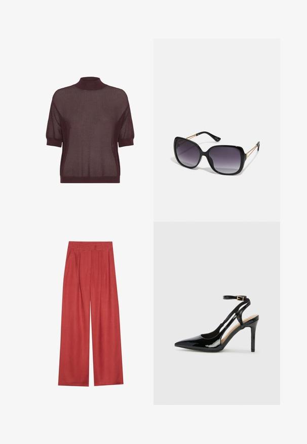 Kurzarmoberteil mit hohem Kragen aus tiefburgunderfarbener Strickware, das ein strukturiertes, offenes Muster sowie gerippte Säume und Bündchen aufweist.; Weitgeschnittene Hosen in einem satten Terrakotta-Farbton, aus strukturiertem Stoff mit vorderen Falten und einem klassischen Bund.; Schwarze Patentleder-High-Heel-Slingback-Pumps mit spitzem Zeh, verstellbarem Knöchelriemen und offenen Seiten. Glatte Textur.; Schwarze übergroße Sonnenbrille mit getönten Gläsern, dicken Rahmen und goldfarbener Kettendetaillierung an den Bügeln.; Braune Leder-Crossbody-Tasche mit geschwungener Form, goldfarbenen Beschlägen und einer Schnallenakzentuierung. Verfügt über einen abnehmbaren Schultergurt.
