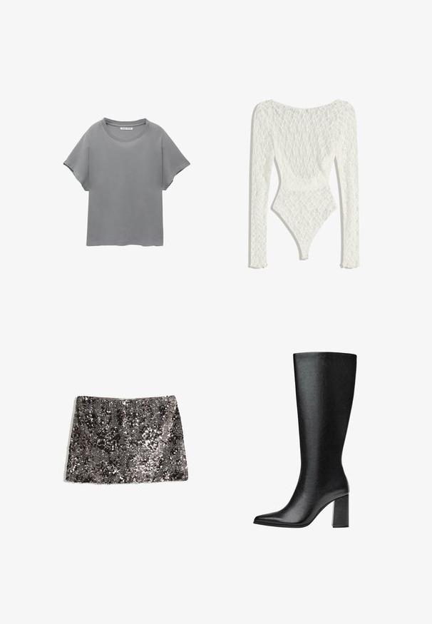 PULL&BEAR SHORT SLEEVE - Printtipaita - grey; Valkoinen pitsiset bodysuit pitkähihaisilla hihoilla, jossa on kudottu kuvio ja matala selkädesign, kapeneva korkeaan lahkeeseen.; Pölynauha, lyhyt ja suora muotoilu, valmistettu kankaasta, jossa on mustia ja hopeisia paljetteja, luoden tekstuurisen, hohtavan pinnan.; Mustat, polveen saakka ulottuvat saappaat, jotka on valmistettu tekonahasta, teräväkärkiset, sileäpintaiset ja joissa on paksu lohko korko. Minimalistinen muotoilu ilman näkyviä yksityiskohtia.