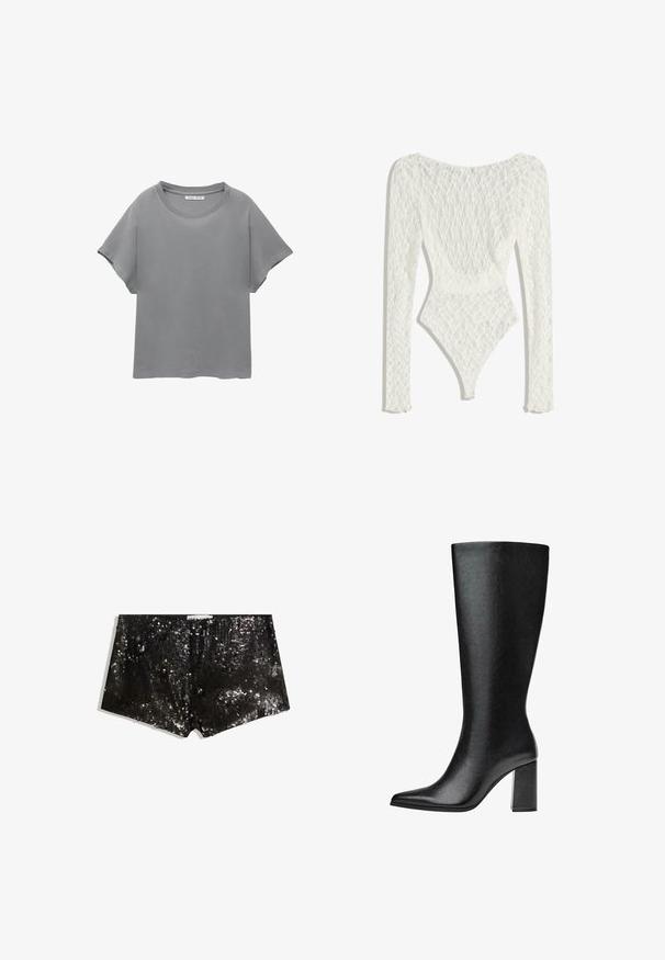 PULL&BEAR SHORT SLEEVE - T-Shirt print - grey; Weißes Spitzen-Bodysuit mit langen Ärmeln, das ein gewebtes Muster und ein tiefes Rückendesign aufweist, das bis zur hohen Beinausschnitt formt.; Schwarze Pailletten-Shorts mit körperbetontem Design. Enthält schimmernde Pailletten, glatte Textur und einen Bund für einen sicheren Sitz.; Schwarze kniehohe Stiefel aus Kunstleder mit spitzer Zehe, glatter Oberfläche und blockartigem Absatz. Minimalistisches Design ohne sichtbare Akzente.