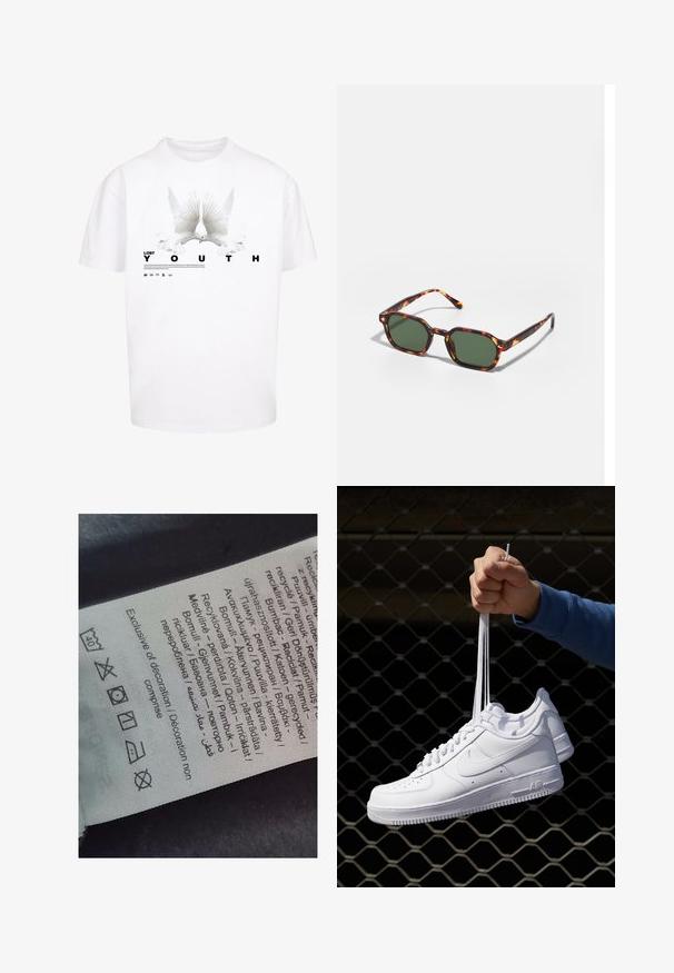 Lost Youth DOVE - Apdrukāts T-krekls - white; Etiķete ar daudzvalodu tekstu, aprūpes simboliem un pārstrādes ikonām, drukāta uz mīksta auduma līdzīga materiāla gaišā krāsā.; Baltas ādas sporta apavi ar perforācijām, apaļu purngali, plakanu zoli un biezām šņorēm, ar redzamu swoosh logo un vārdu "AIR" uz papēža.; Tortoiseshell saulesbrilles ar zaļu stiklu, ar astoņstūru formu un plānām, izliekamām kājām. Materiāls ar spīdīgu apdari.
