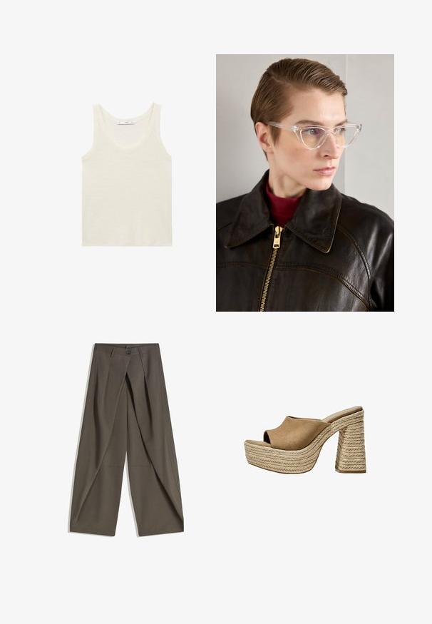 Hvid tanktop lavet af letvægtsstof. Har en rund halsudskæring og brede armhuller, med en glat tekstur og minimalistisk design.; Vide bukser lavet af et struktureret, mørkegråt stof. Har en frontfald, knaplukning og sidelommer for praktisk anvendelse.; Brune ruskinds platformmules med åben tå, der har en chunky flettet jutehæl og et glat, rundet overdesign.; Klare acetat katteøje-briller med gule tonede linser, båret af en person i en mørk læderjakke og rød turtleneck. Glat tekstur.; Sort læder tote bag med et blødt, slattent design, brede håndtag og en glat tekstur. Ingen synlig hardware eller udsmykninger.